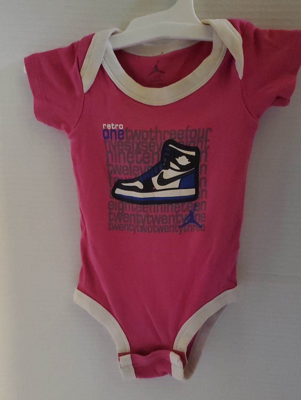Jordan Pink Retro Sneaker Infant Bodysuit with White Trim Size 0-6 Months